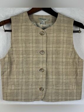Ann Taylor Vintage 90s Plaid Linen Silk Blend Vest Tailored Neutral